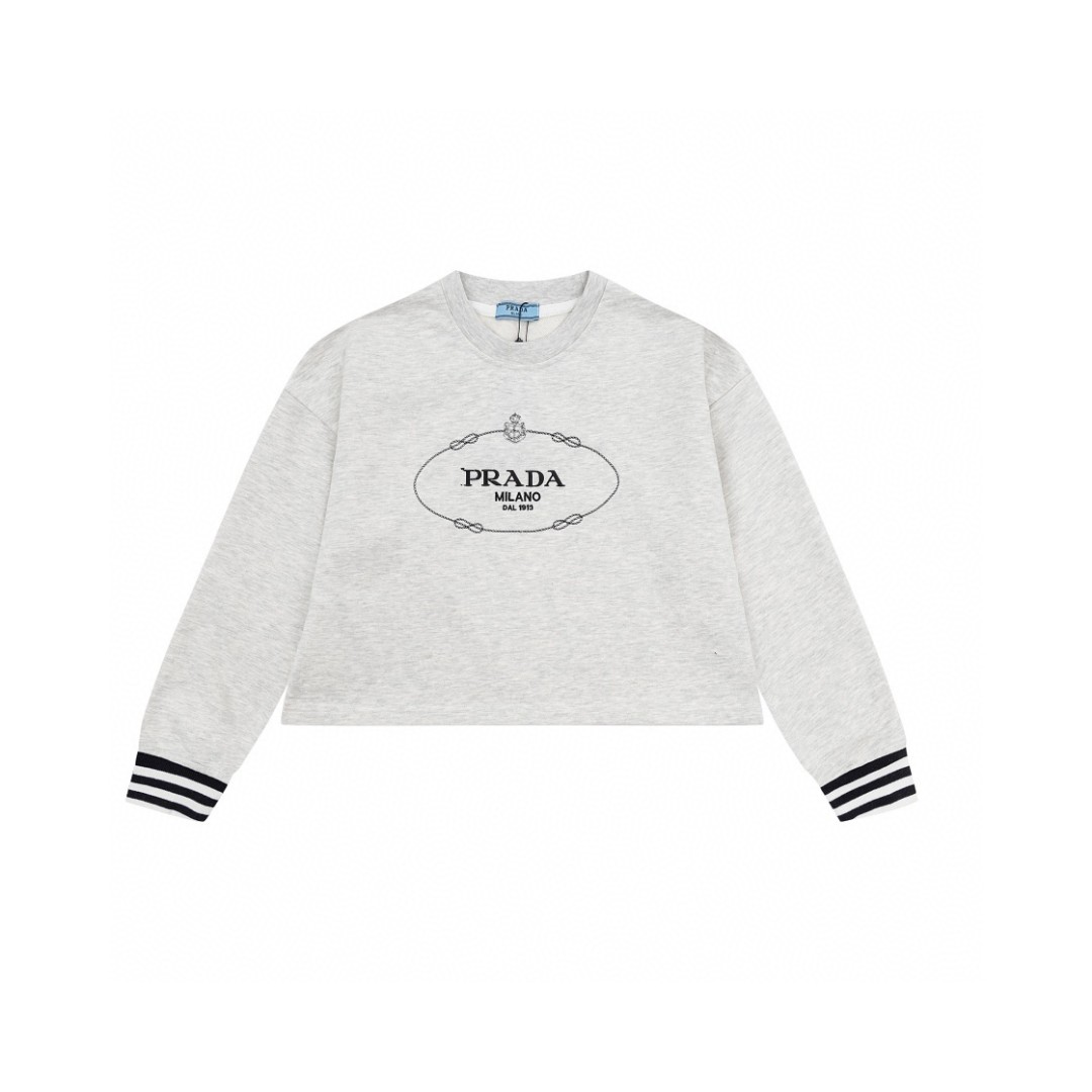 PRADA 普拉达 logo字母刺绣图案 长袖 卫衣 短款 休闲 女款 米白色 134676-1X6Q-F0018