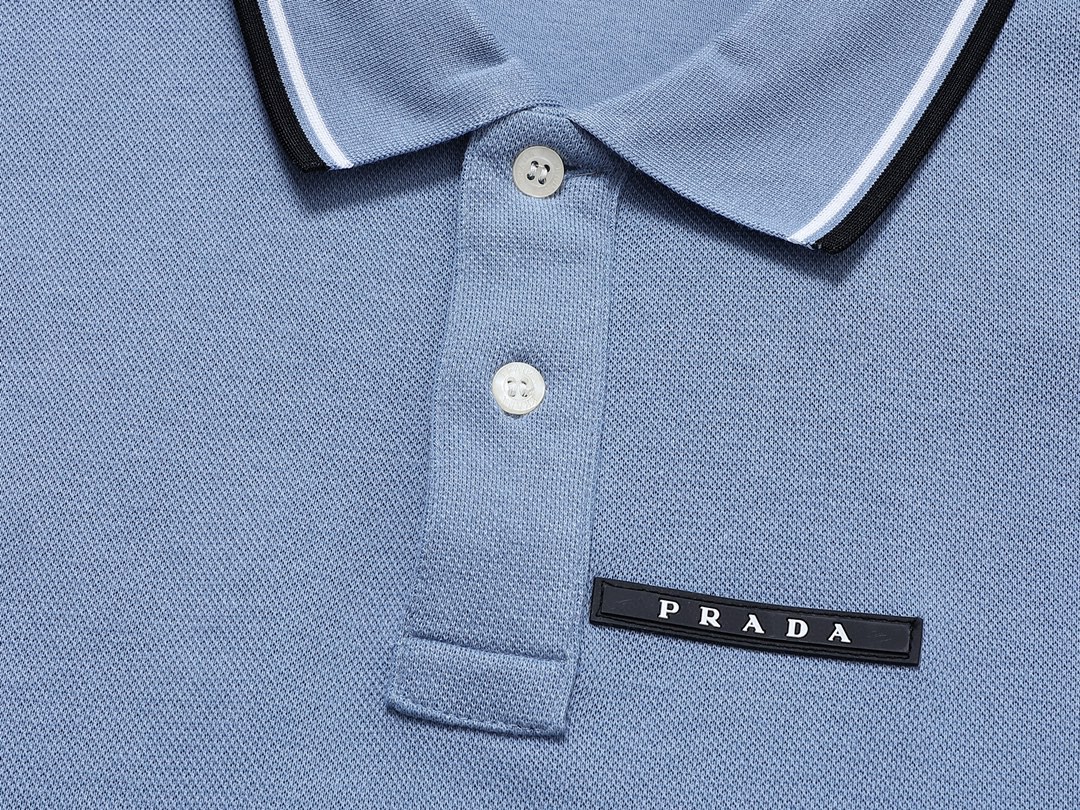 PRADA 普拉达 徽标撞色螺纹 Polo衫 长袖 休闲 男款 浅蓝色