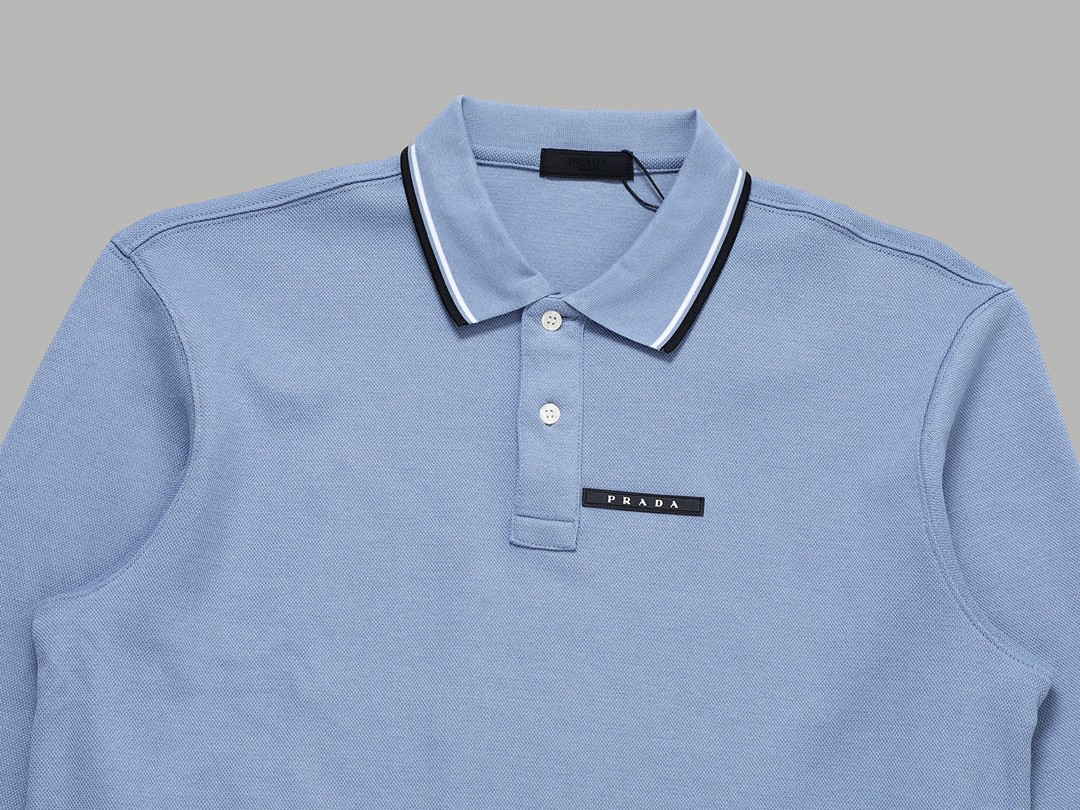 PRADA 普拉达 徽标撞色螺纹 Polo衫 长袖 休闲 男款 浅蓝色