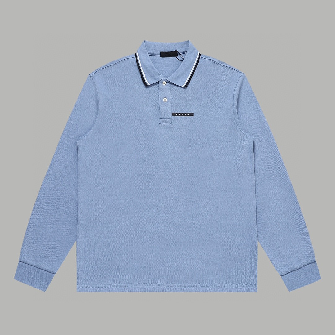 PRADA 普拉达 徽标撞色螺纹 Polo衫 长袖 休闲 男款 浅蓝色