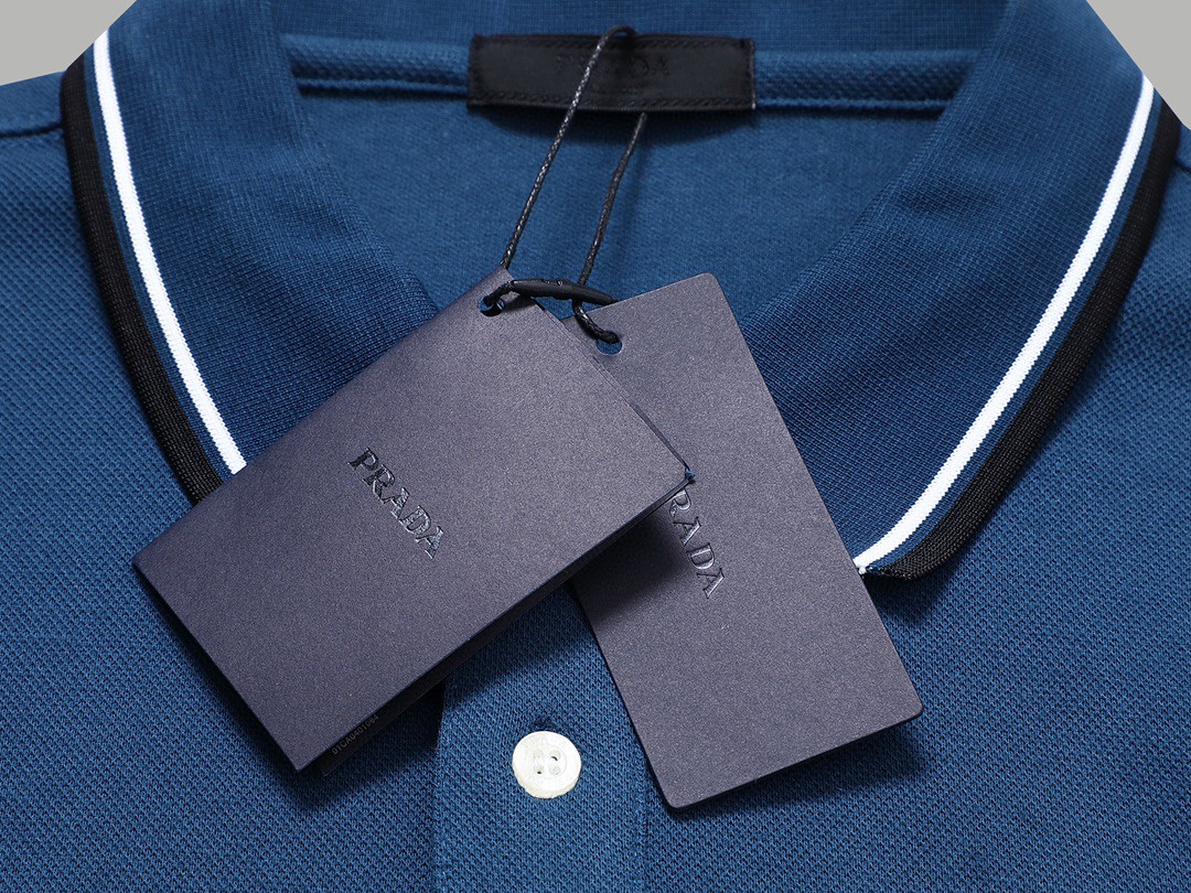PRADA 普拉达 徽标撞色螺纹 Polo衫 长袖 休闲 男款 蓝色