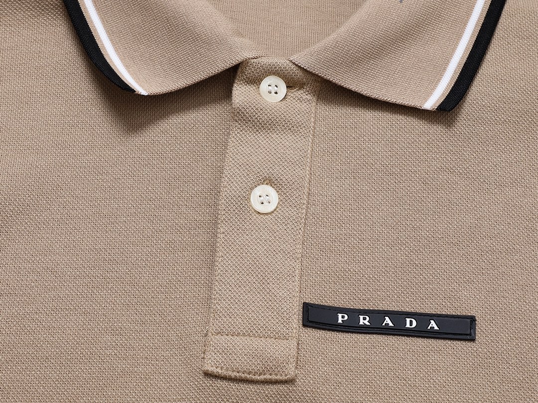 PRADA 普拉达 徽标撞色螺纹 Polo衫 长袖 休闲 男款 卡其色