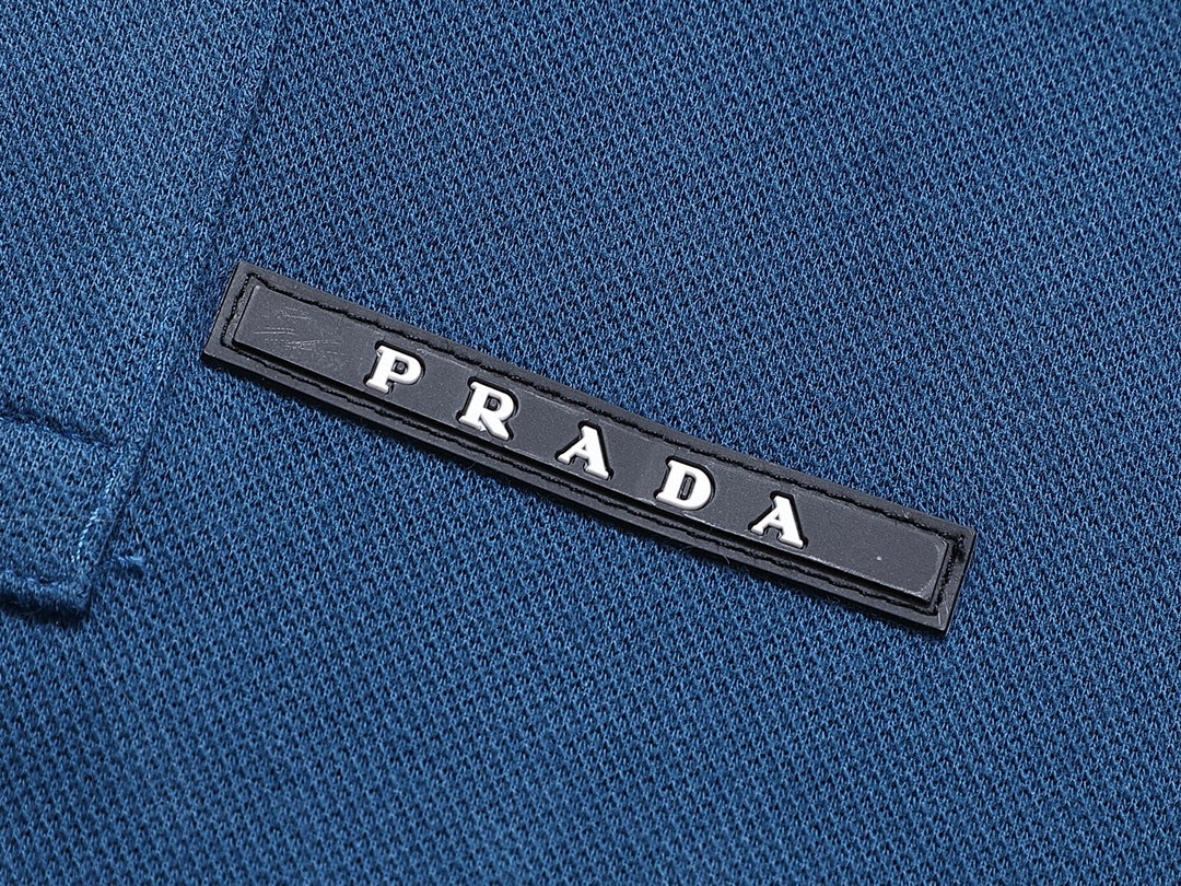 PRADA 普拉达 徽标撞色螺纹 Polo衫 长袖 休闲 男款 蓝色