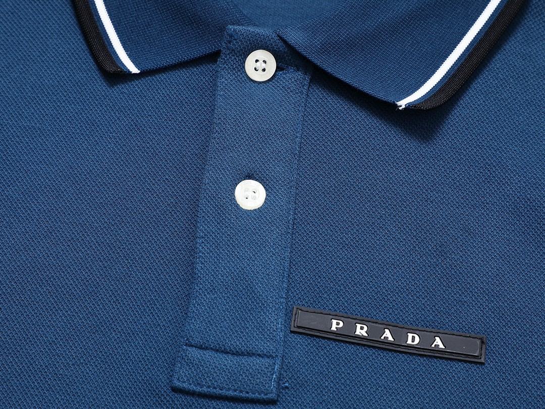 PRADA 普拉达 徽标撞色螺纹 Polo衫 长袖 休闲 男款 蓝色