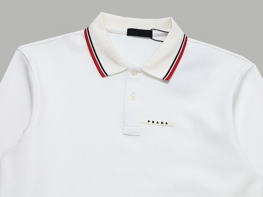 PRADA 普拉达 徽标撞色螺纹 Polo衫 长袖 休闲 男款 白色