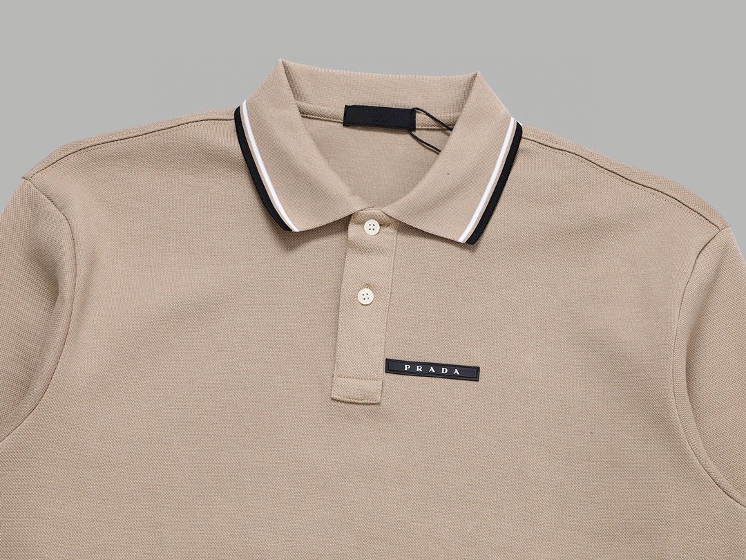 PRADA 普拉达 徽标撞色螺纹 Polo衫 长袖 休闲 男款 卡其色