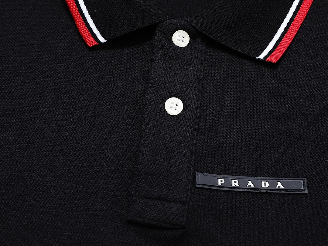 PRADA 普拉达 徽标撞色螺纹 Polo衫 长袖 休闲 男款 黑色