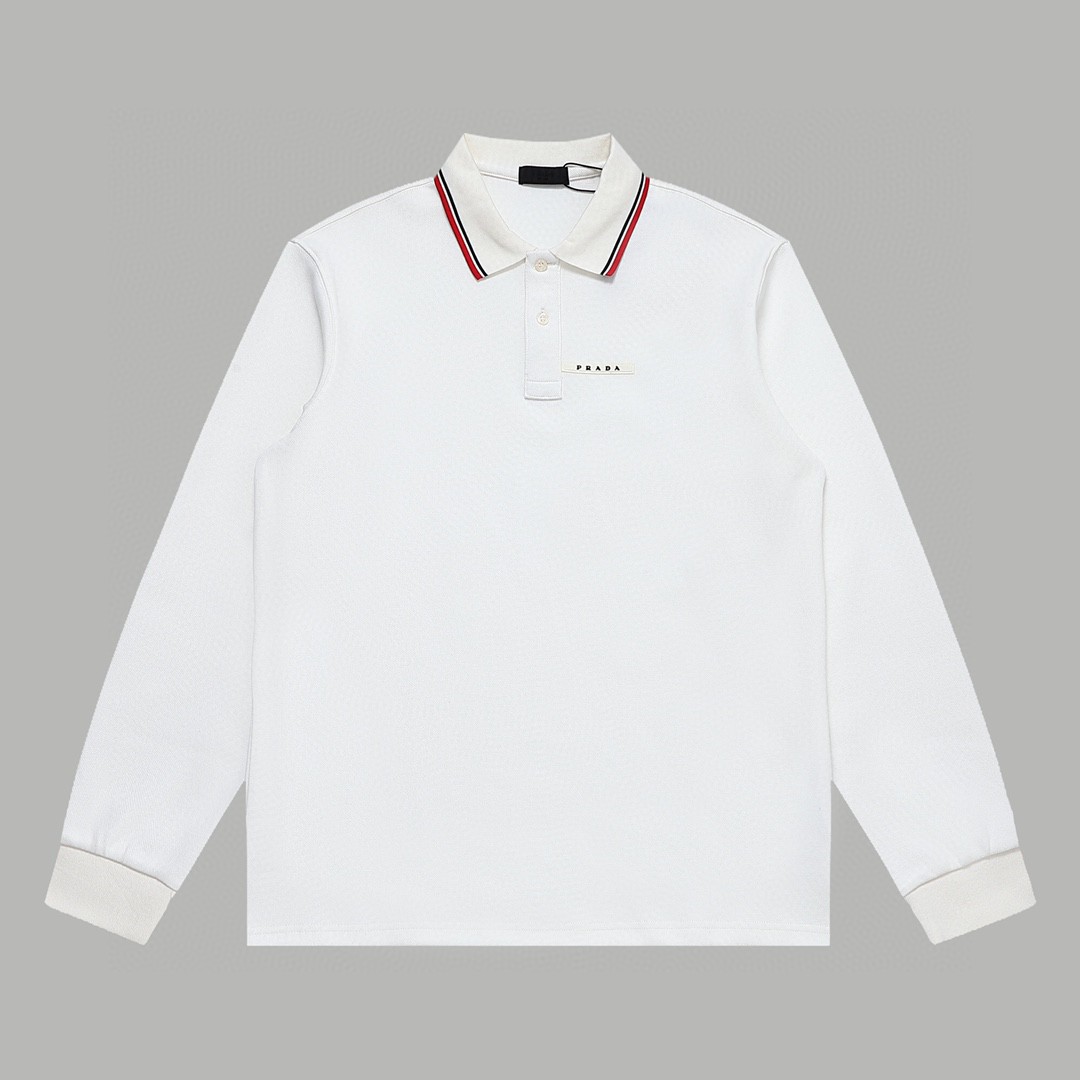 PRADA 普拉达 徽标撞色螺纹 Polo衫 长袖 休闲 男款 白色