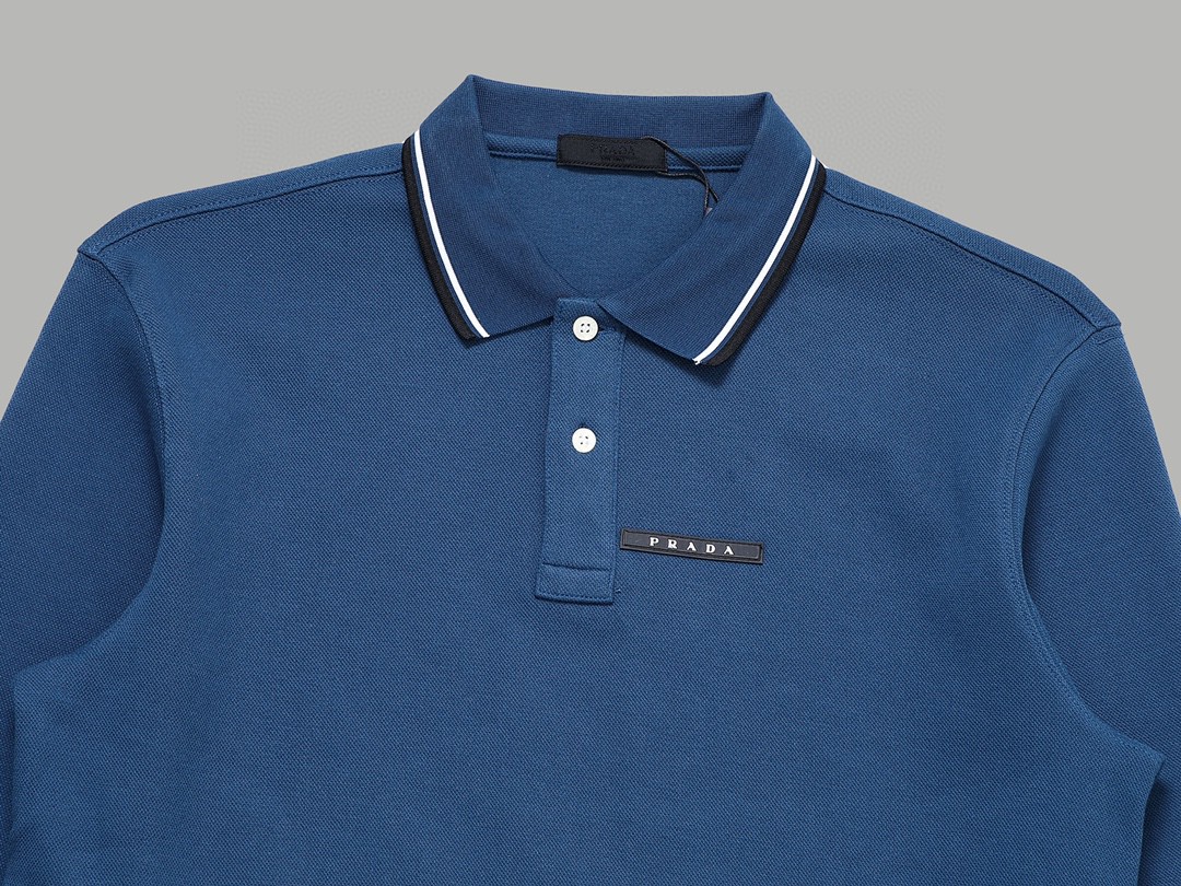 PRADA 普拉达 徽标撞色螺纹 Polo衫 长袖 休闲 男款 蓝色