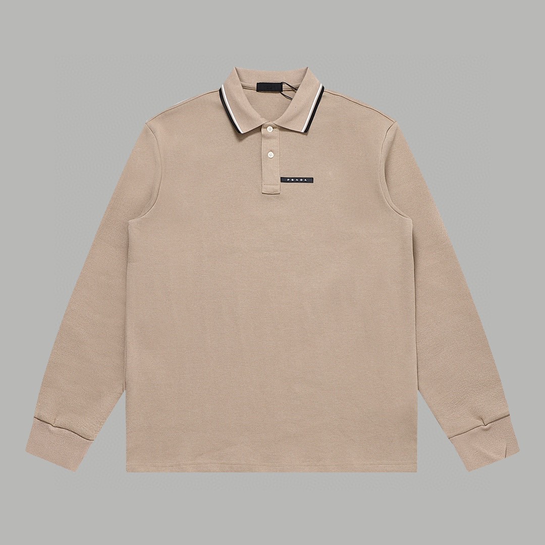 PRADA 普拉达 徽标撞色螺纹 Polo衫 长袖 休闲 男款 卡其色