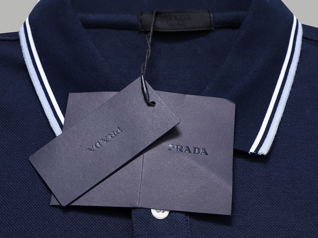 PRADA 普拉达 徽标撞色螺纹 Polo衫 长袖 休闲 男款 藏蓝色