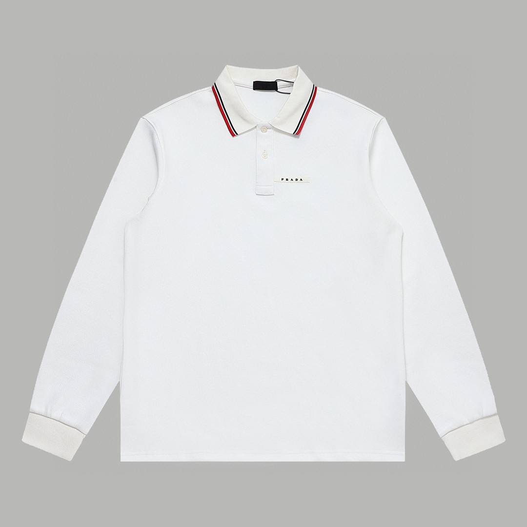 PRADA 普拉达 徽标撞色螺纹 Polo衫 长袖 休闲 男款 白色