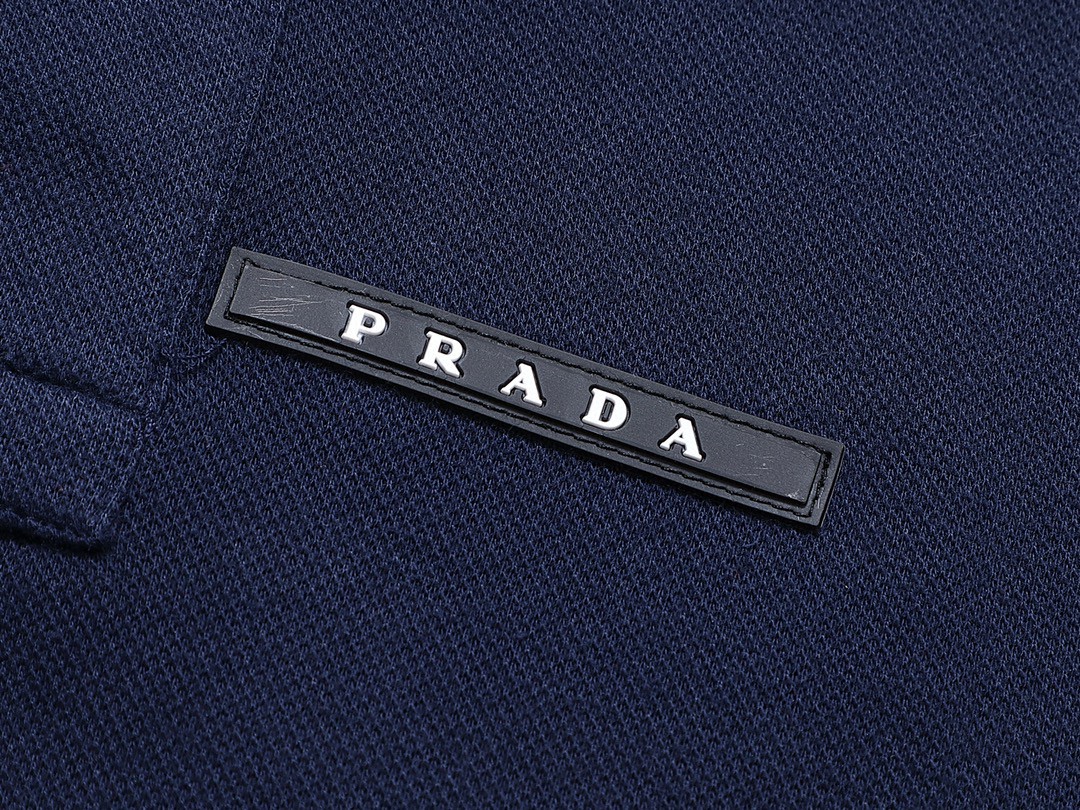 PRADA 普拉达 徽标撞色螺纹 Polo衫 长袖 休闲 男款 藏蓝色