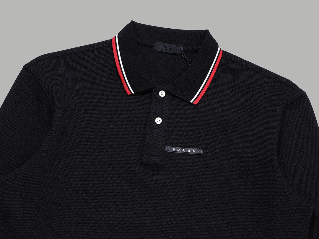 PRADA 普拉达 徽标撞色螺纹 Polo衫 长袖 休闲 男款 黑色