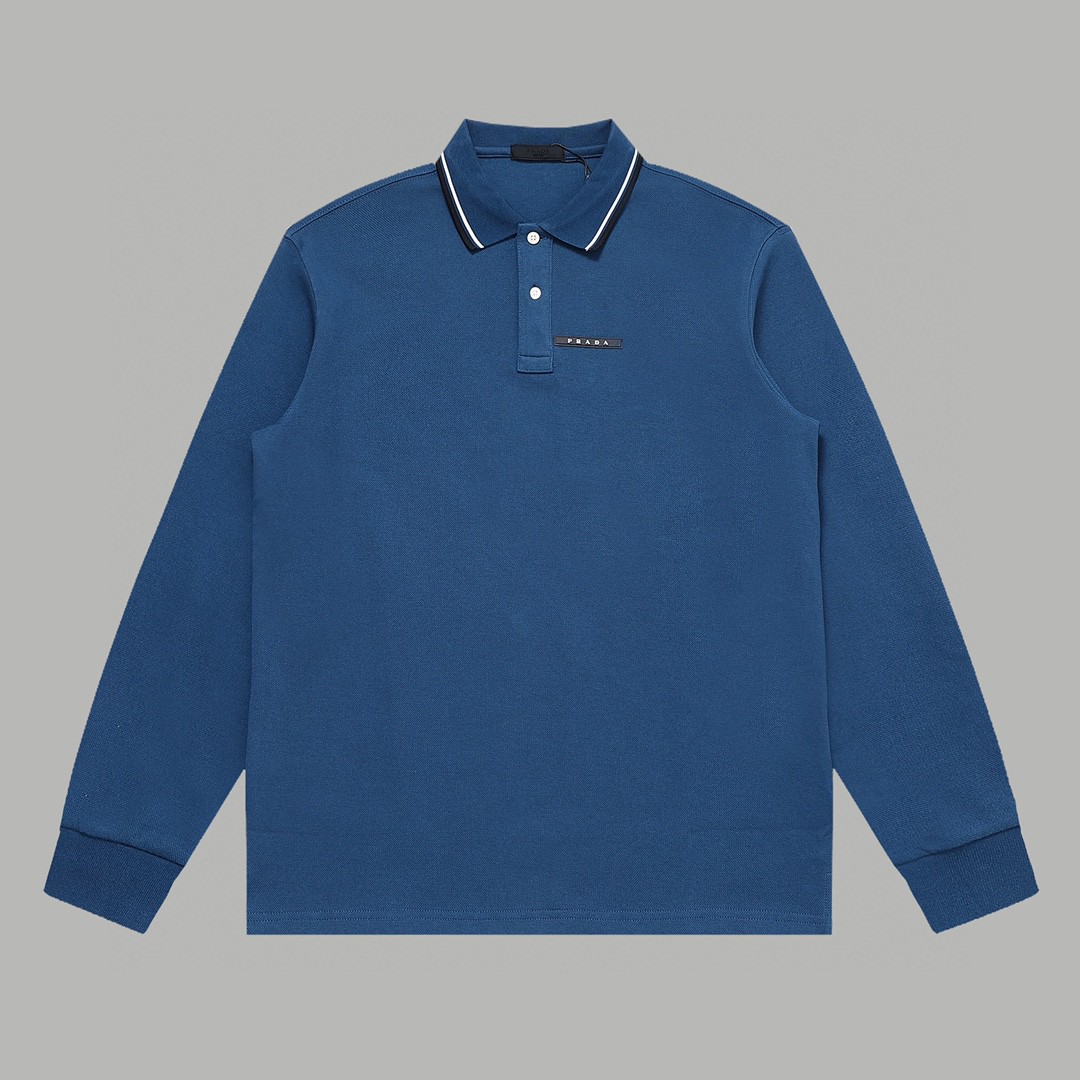 PRADA 普拉达 徽标撞色螺纹 Polo衫 长袖 休闲 男款 蓝色