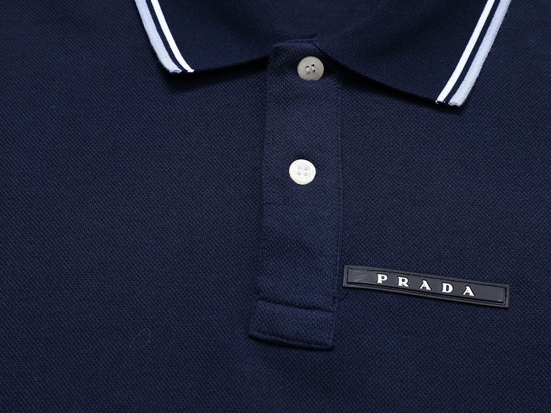 PRADA 普拉达 徽标撞色螺纹 Polo衫 长袖 休闲 男款 藏蓝色