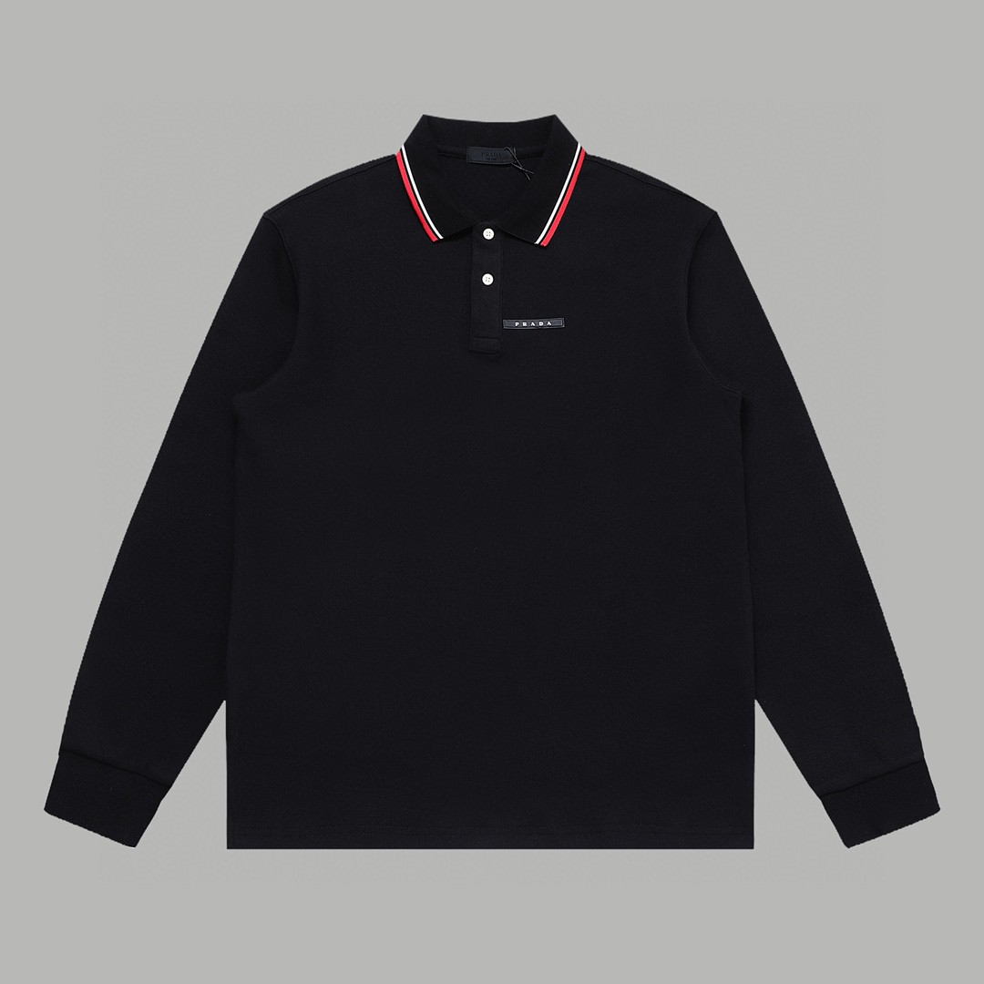 PRADA 普拉达 徽标撞色螺纹 Polo衫 长袖 休闲 男款 黑色