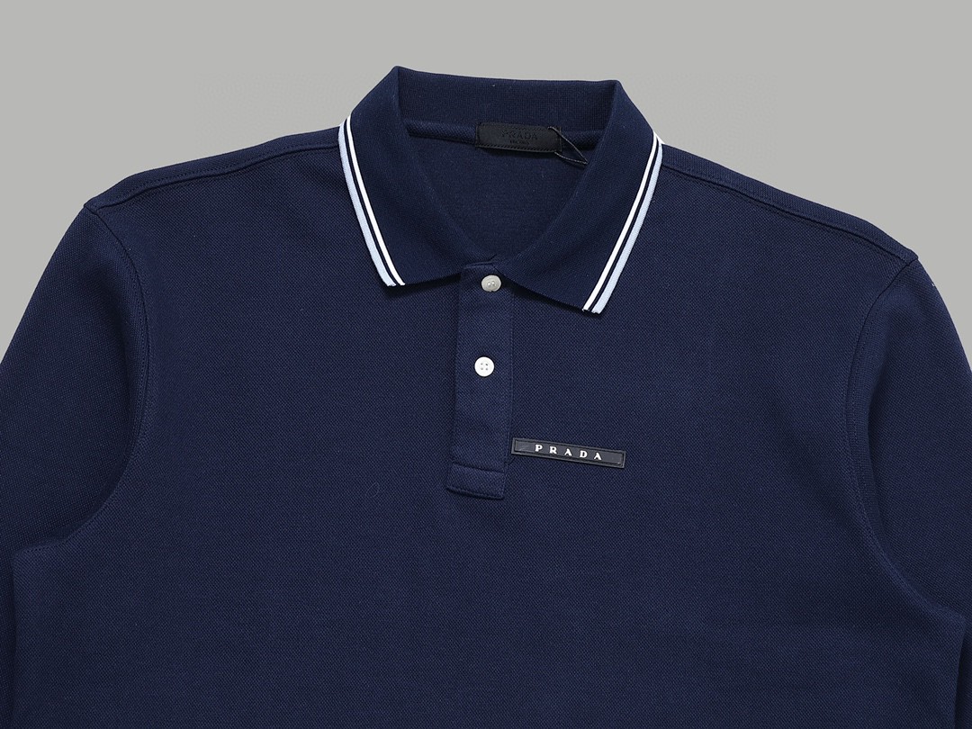 PRADA 普拉达 徽标撞色螺纹 Polo衫 长袖 休闲 男款 藏蓝色