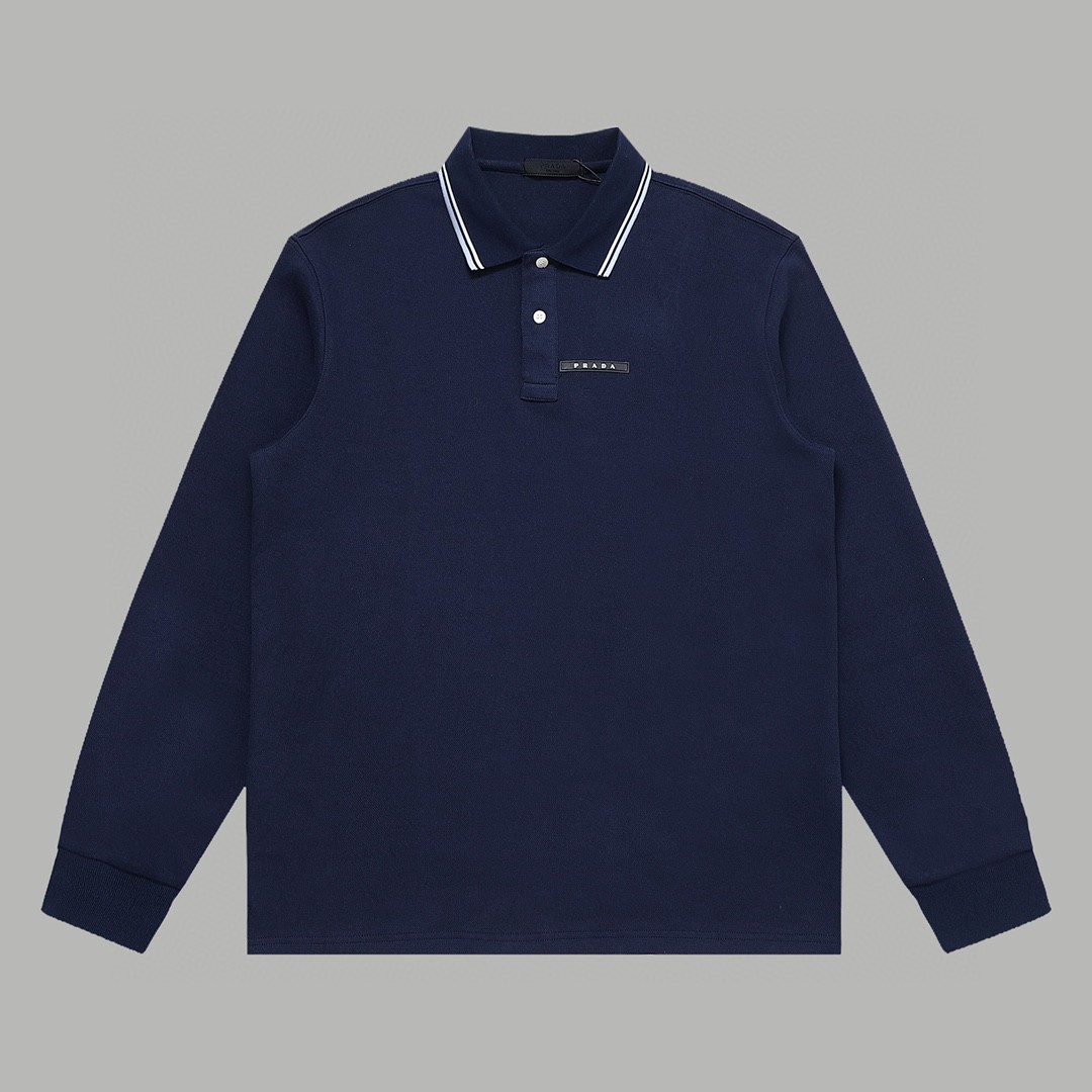 PRADA 普拉达 徽标撞色螺纹 Polo衫 长袖 休闲 男款 藏蓝色