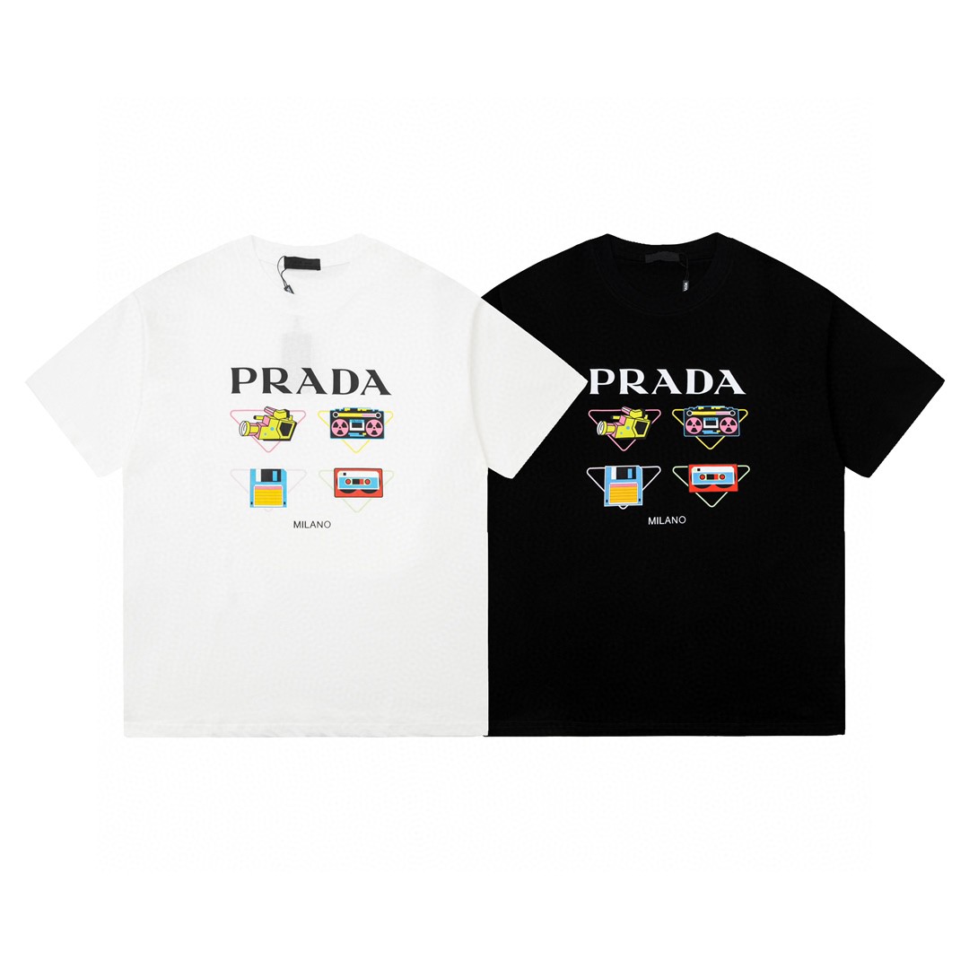 PRADA 普拉达 胸前印花图案 套头圆领 短袖 T恤 男女同款 白色 黑色 