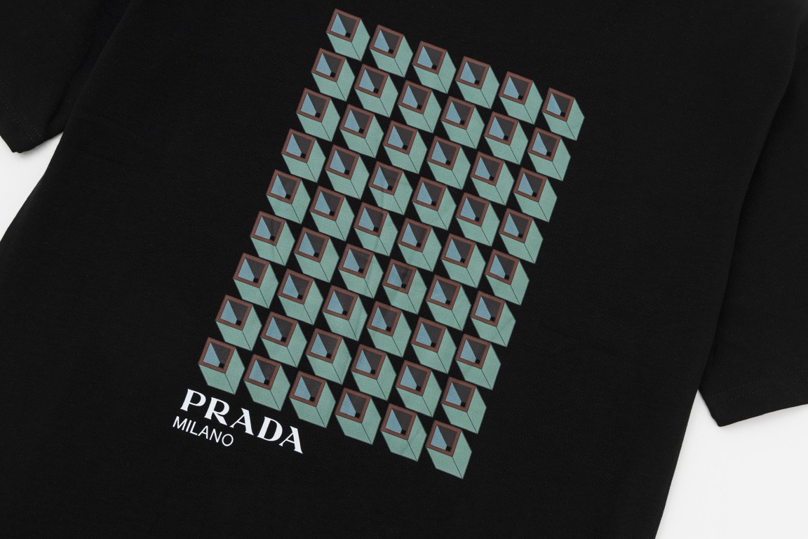 PRADA 普拉达 几何图形印花图案 套头圆领 短袖 T恤 男女同款 白色 黑色 