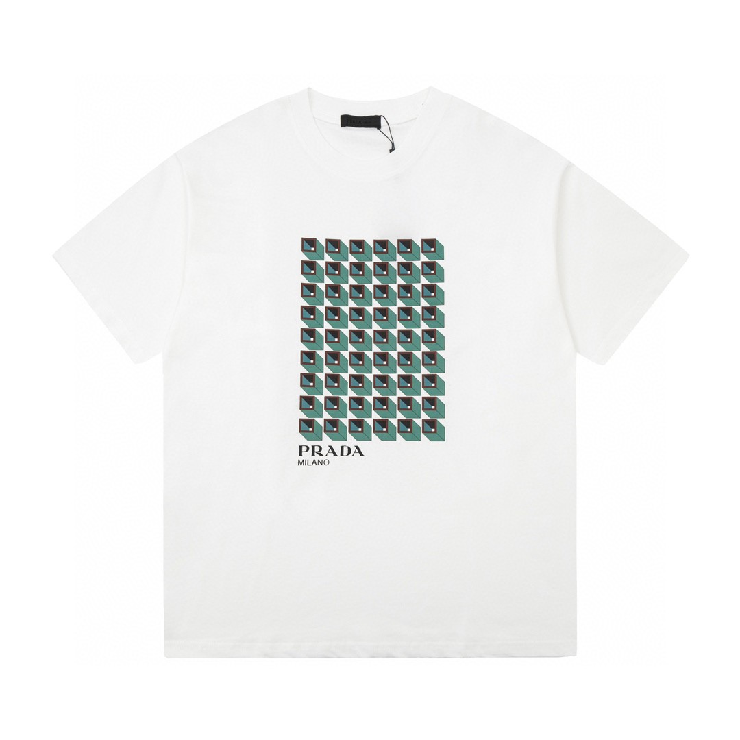 PRADA 普拉达 几何图形印花图案 套头圆领 短袖 T恤 男女同款 白色 黑色 