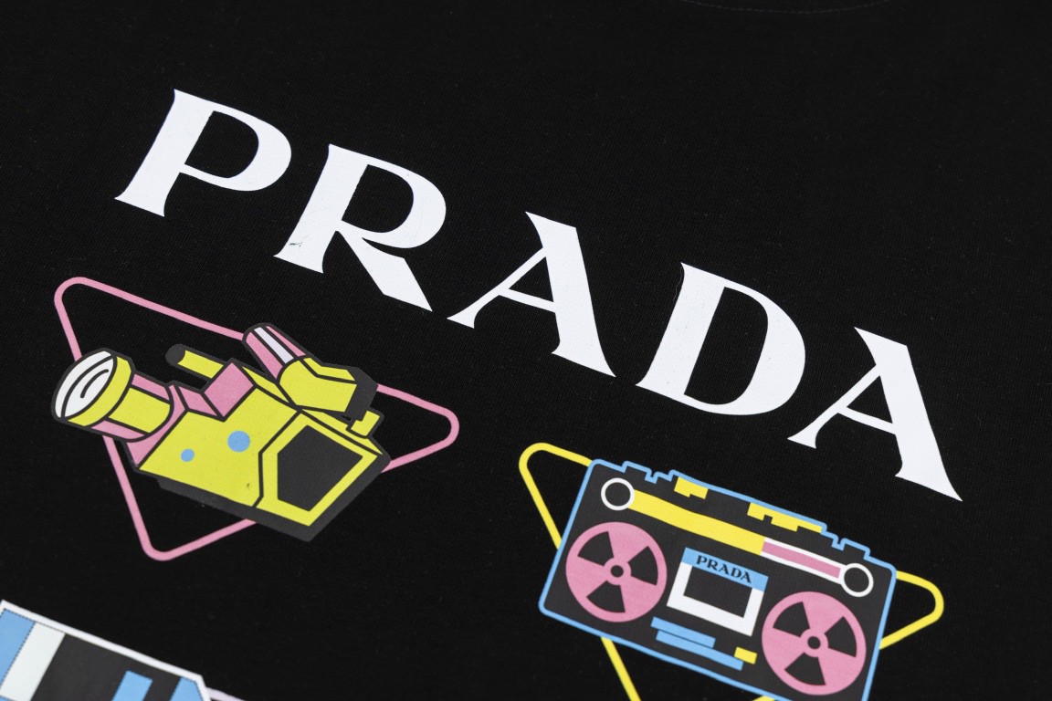 PRADA 普拉达 胸前印花图案 套头圆领 短袖 T恤 男女同款 白色 黑色 