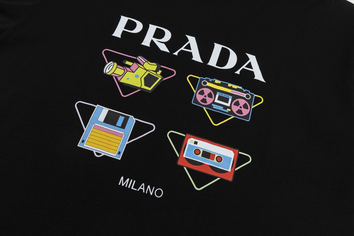 PRADA 普拉达 胸前印花图案 套头圆领 短袖 T恤 男女同款 白色 黑色 