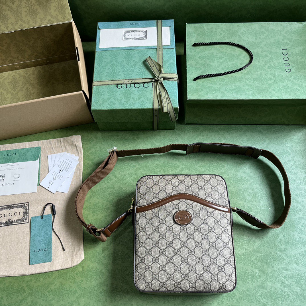 原厂皮 GUCCI 古驰 互扣式双G椭圆形标牌帆布拼皮革 邮差包 斜挎包 单肩包 棕色 696012-92THG-8563