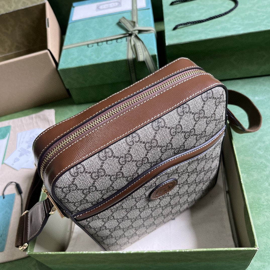原厂皮 GUCCI 古驰 互扣式双G椭圆形标牌帆布拼皮革 邮差包 斜挎包 单肩包 棕色 696012-92THG-8563