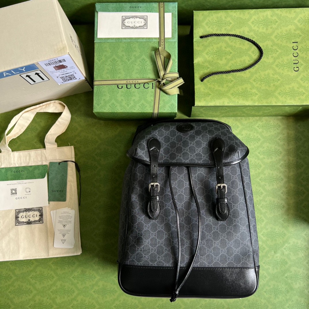 原厂皮 GUCCI 古驰 老花Logo翻盖大容量 书包 双肩包 背包 黑色 696013-97S9F-1000