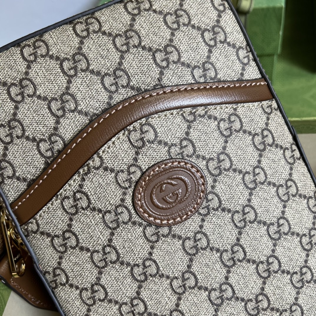 原厂皮 GUCCI 古驰 互扣式双G椭圆形标牌帆布拼皮革 邮差包 斜挎包 单肩包 乌木色 696016-92THG-8563
