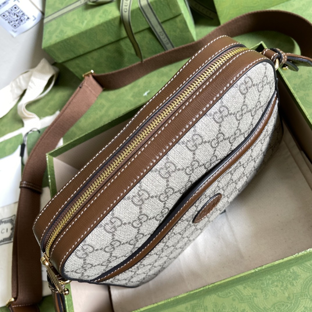 原厂皮 GUCCI 古驰 老花Logo徽标帆布拼皮邮差包 斜挎包 单肩包 棕色 675891-92THG-8563