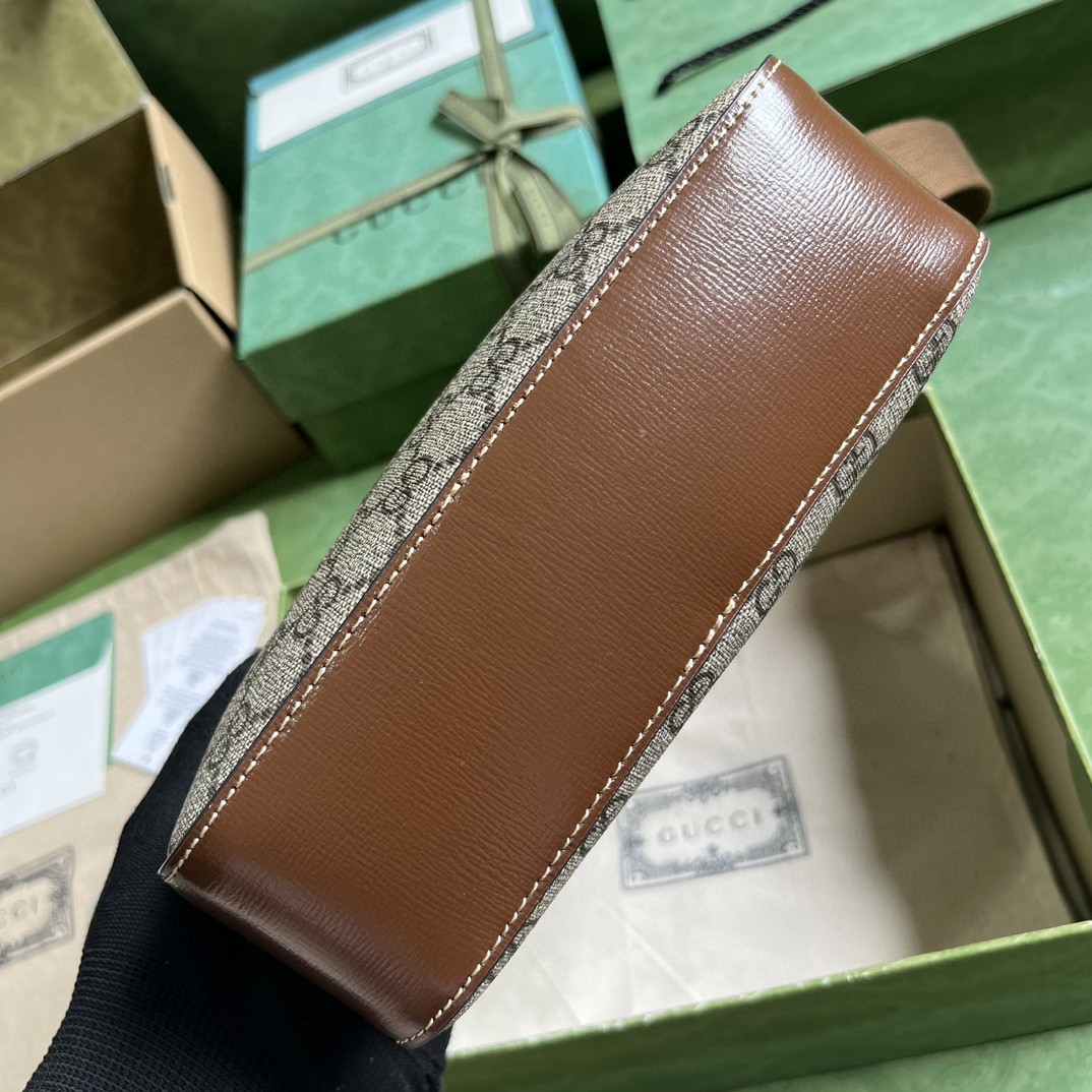 原厂皮 GUCCI 古驰 互扣式双G椭圆形标牌帆布拼皮革 邮差包 斜挎包 单肩包 棕色 696012-92THG-8563