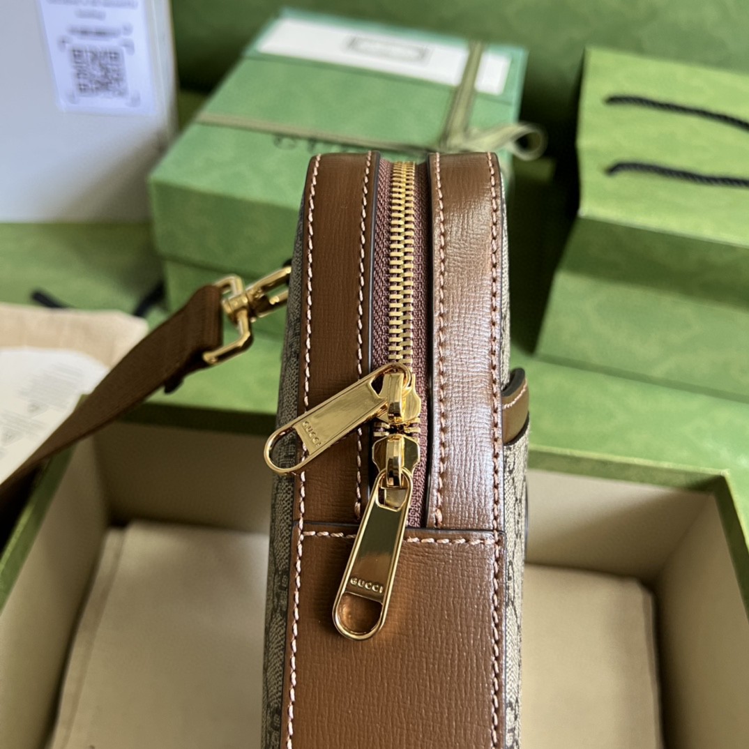 原厂皮 GUCCI 古驰 互扣式双G椭圆形标牌帆布拼皮革 邮差包 斜挎包 单肩包 乌木色 696016-92THG-8563