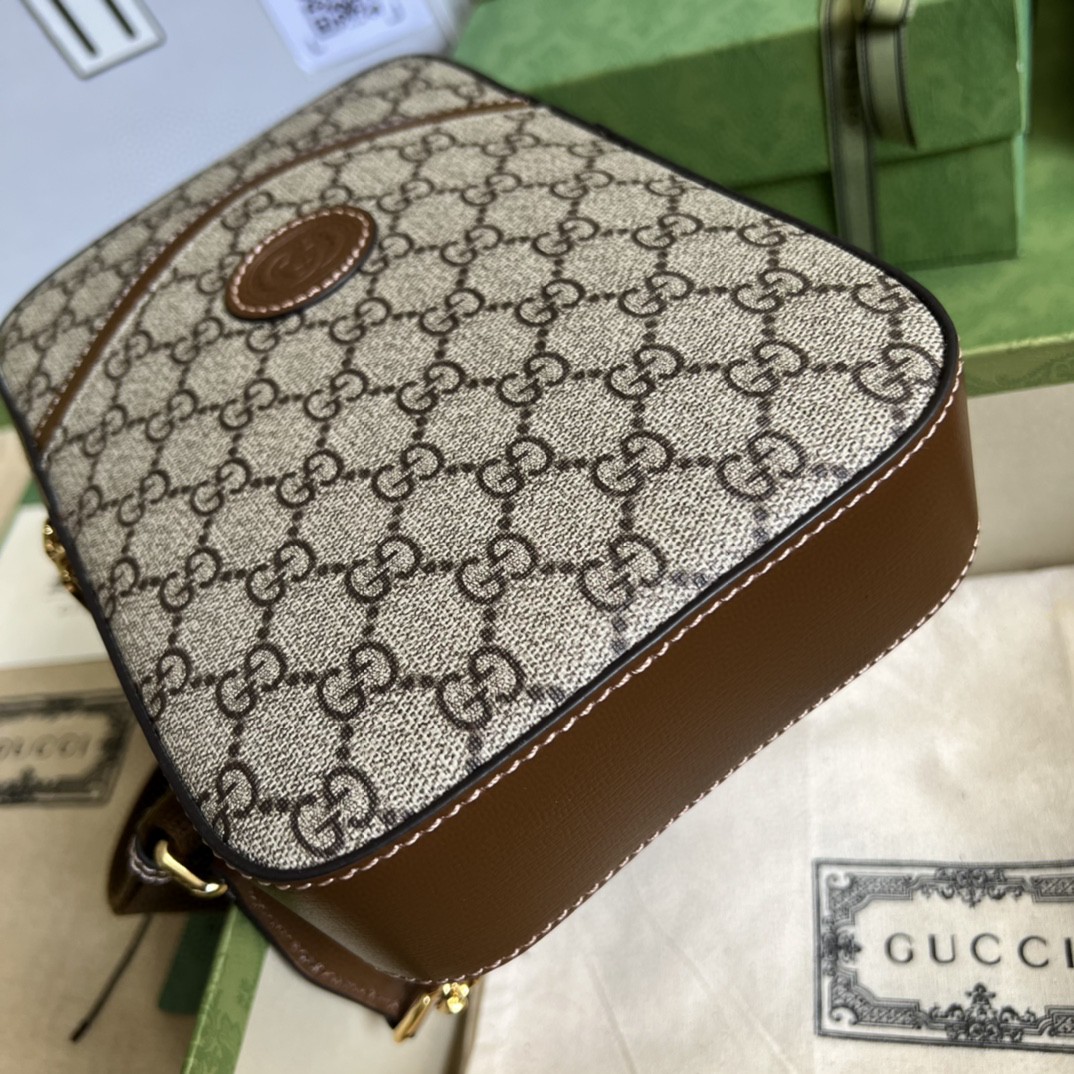 原厂皮 GUCCI 古驰 互扣式双G椭圆形标牌帆布拼皮革 邮差包 斜挎包 单肩包 乌木色 696016-92THG-8563