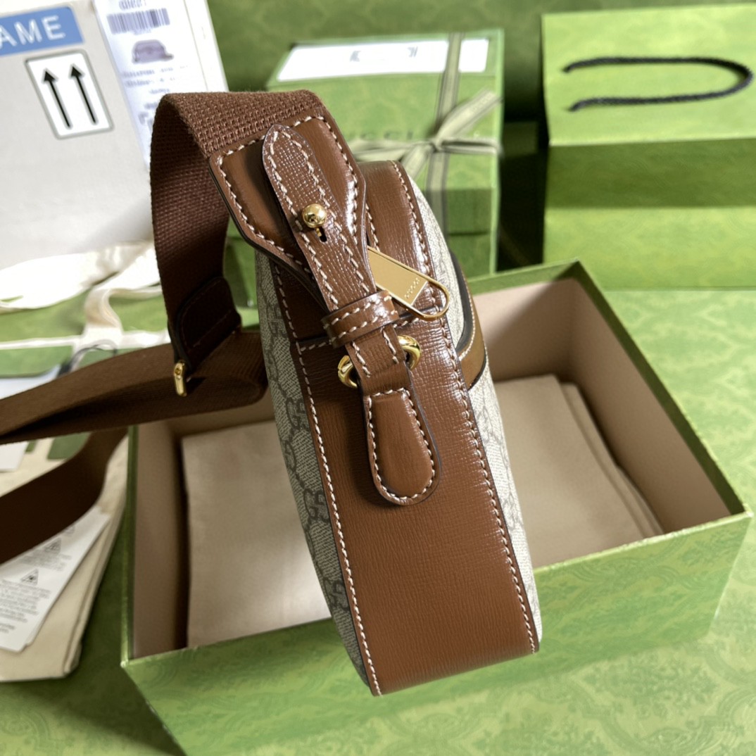 原厂皮 GUCCI 古驰 老花Logo徽标帆布拼皮邮差包 斜挎包 单肩包 棕色 675891-92THG-8563