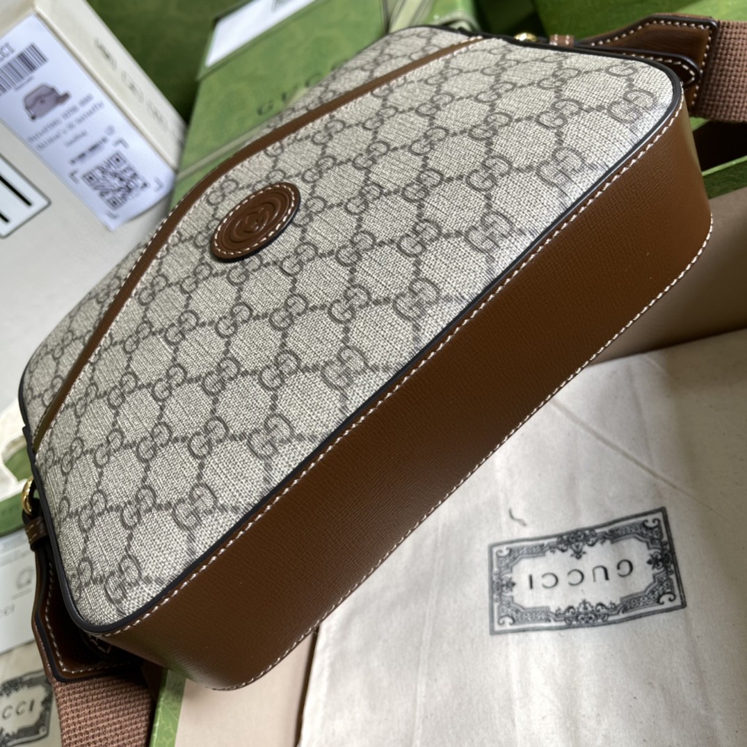 原厂皮 GUCCI 古驰 老花Logo徽标帆布拼皮邮差包 斜挎包 单肩包 棕色 675891-92THG-8563