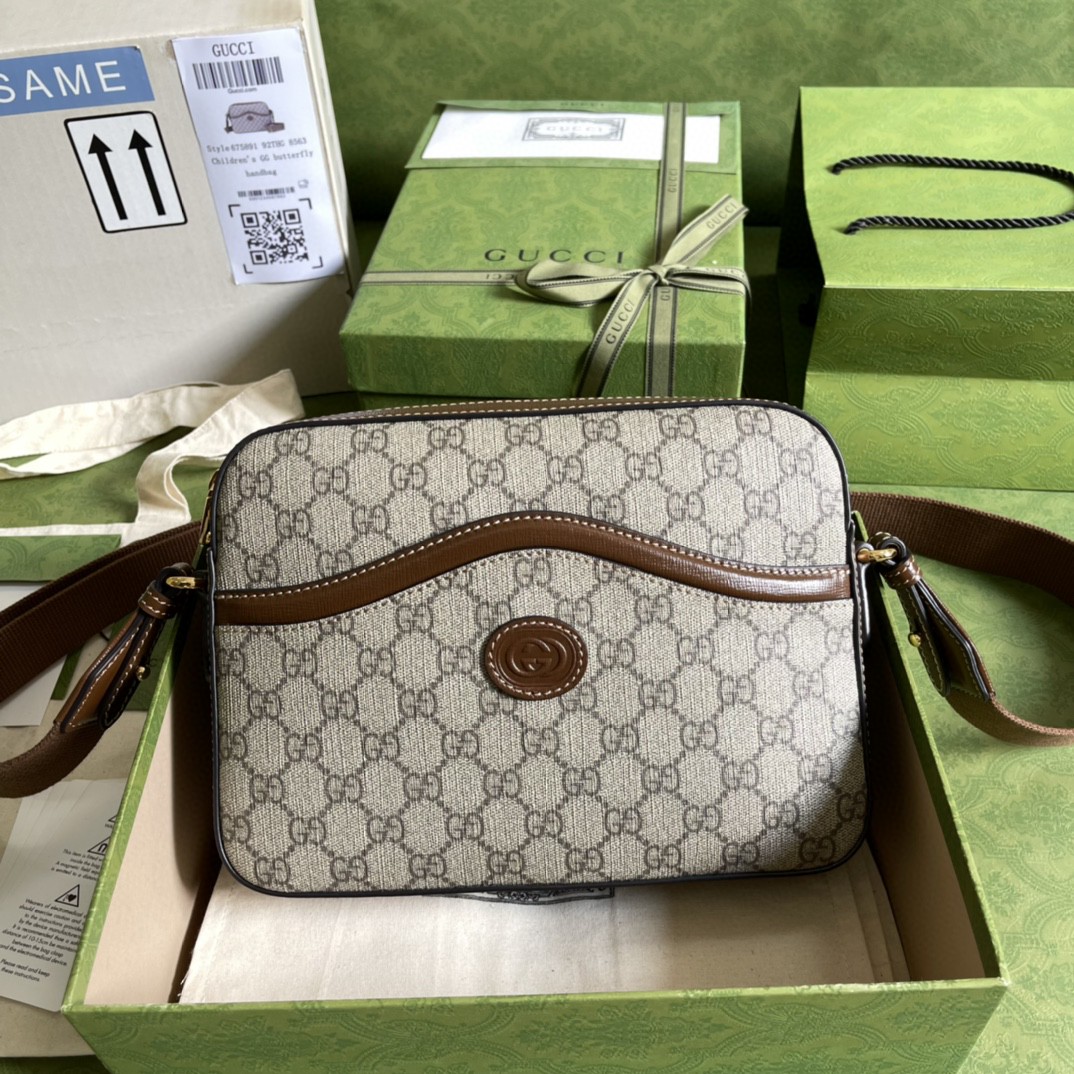 原厂皮 GUCCI 古驰 老花Logo徽标帆布拼皮邮差包 斜挎包 单肩包 棕色 675891-92THG-8563
