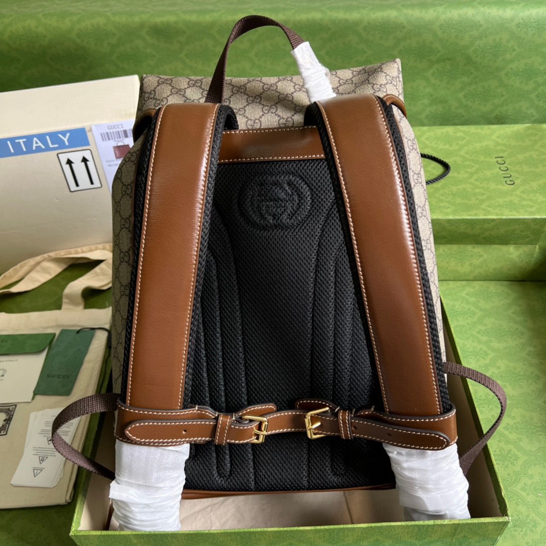 原厂皮 GUCCI 古驰 老花Logo翻盖大容量 书包 双肩包 背包 棕色 696013-97S9G-8405