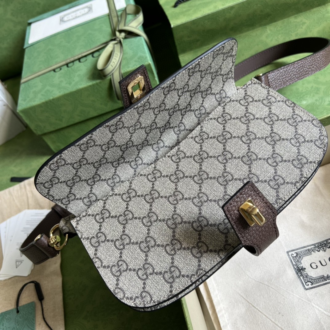原厂皮 GUCCI 古驰 Blondie 复古老花满印金色Logo饰面帆布拼皮革 腰包 斜挎包 单肩包 棕色 718154-UULBG-8442
