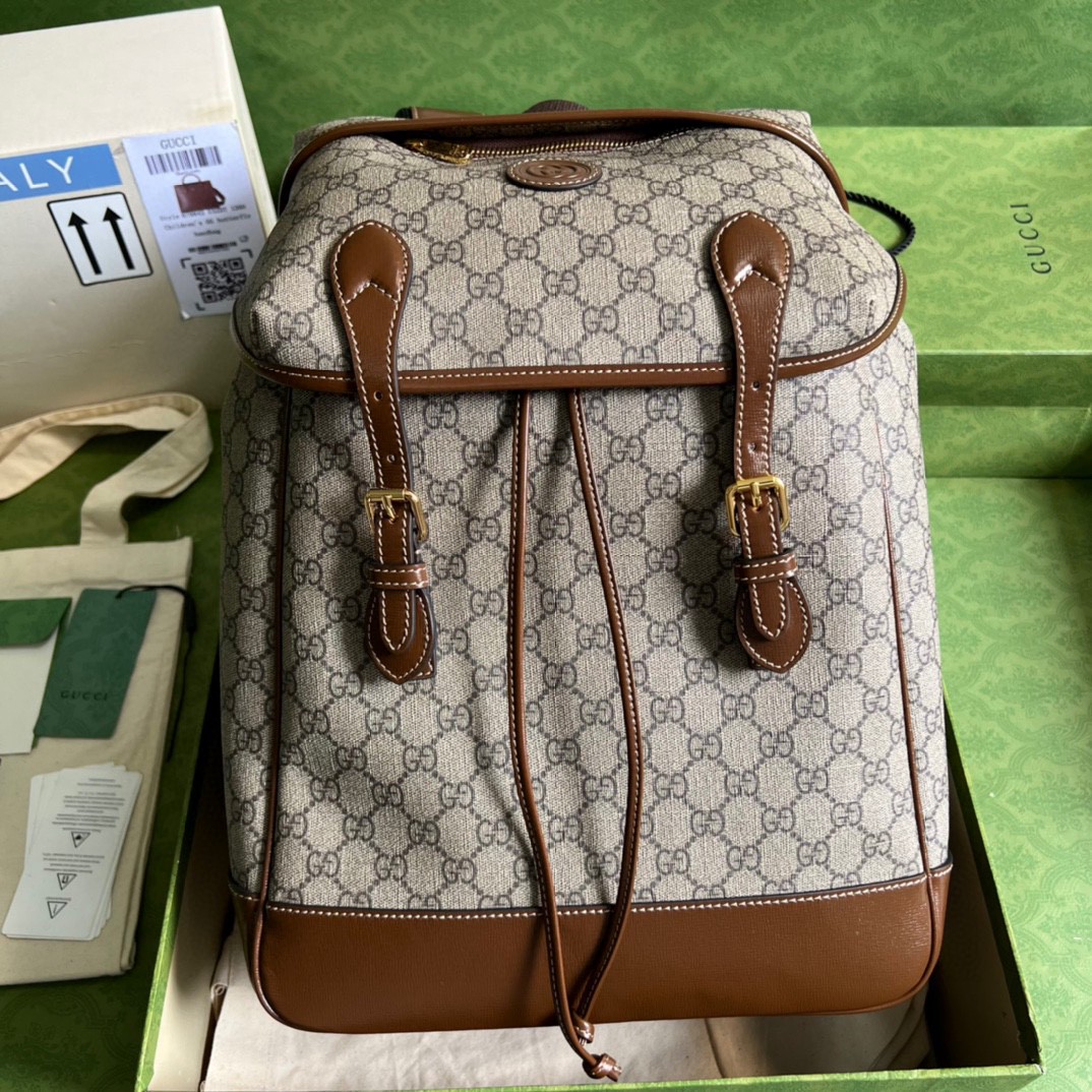 原厂皮 GUCCI 古驰 老花Logo翻盖大容量 书包 双肩包 背包 棕色 696013-97S9G-8405