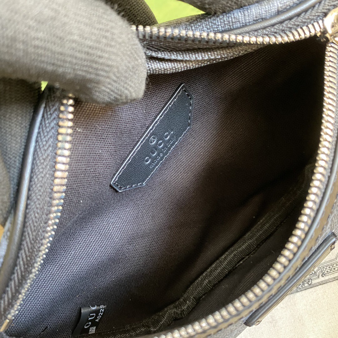 原厂皮 GUCCI 古驰 老花Logo字母印花帆布拼皮革 腰包 胸包 斜挎包 单肩包 黑色  675181