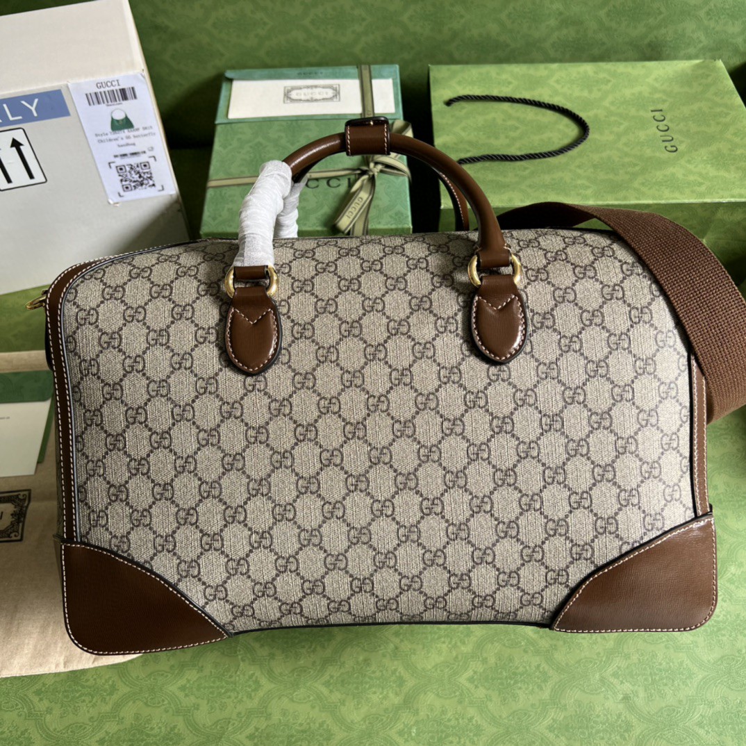 原厂皮 GUCCI 古驰 老花Logo大容量 GG徽标帆布拼接皮革 旅行包 手提包 斜挎包 单肩包 棕色 696014-92THG-8563