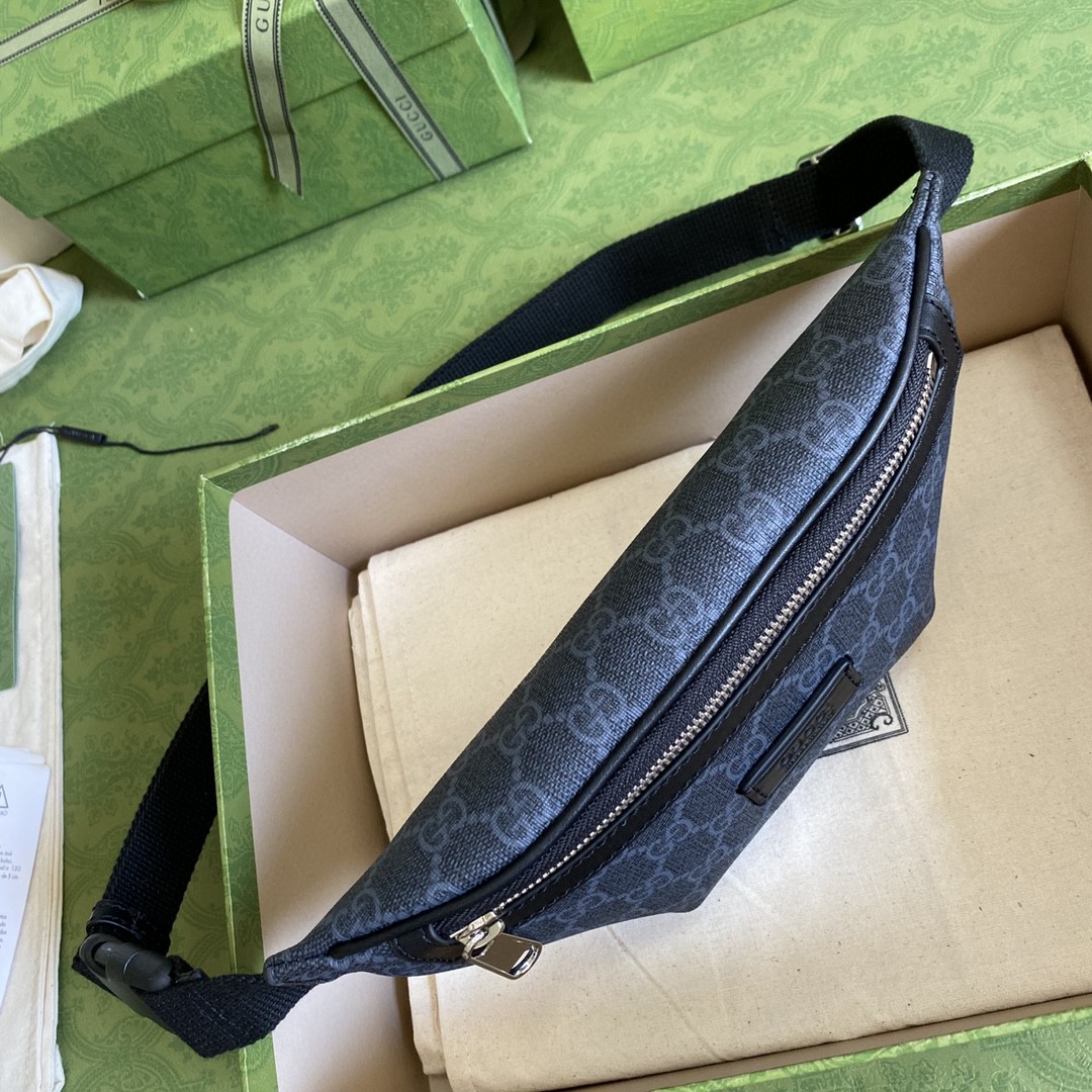 原厂皮 GUCCI 古驰 老花Logo字母印花帆布拼皮革 腰包 胸包 斜挎包 单肩包 黑色  675181