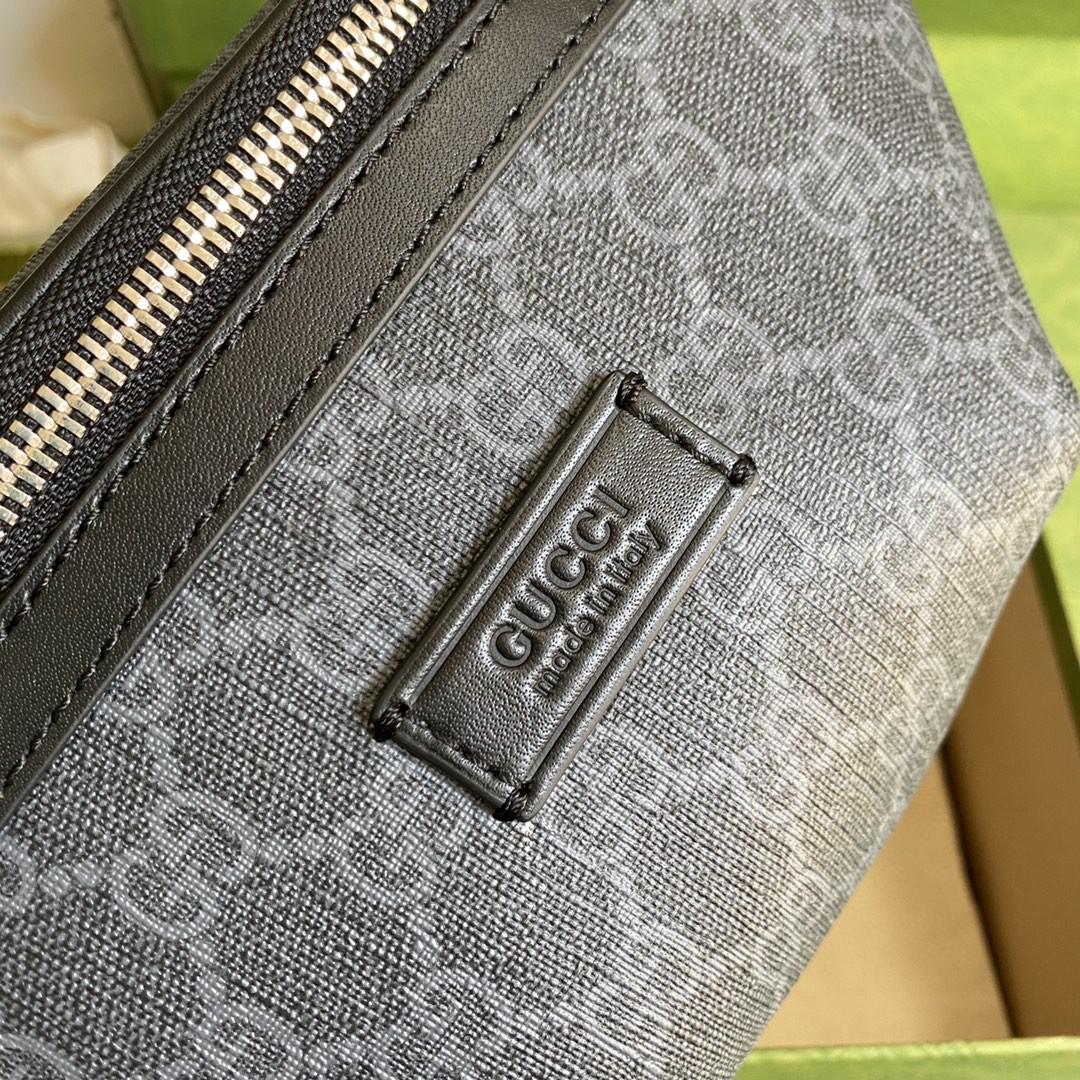 原厂皮 GUCCI 古驰 老花Logo字母印花帆布拼皮革 腰包 胸包 斜挎包 单肩包 黑色  675181