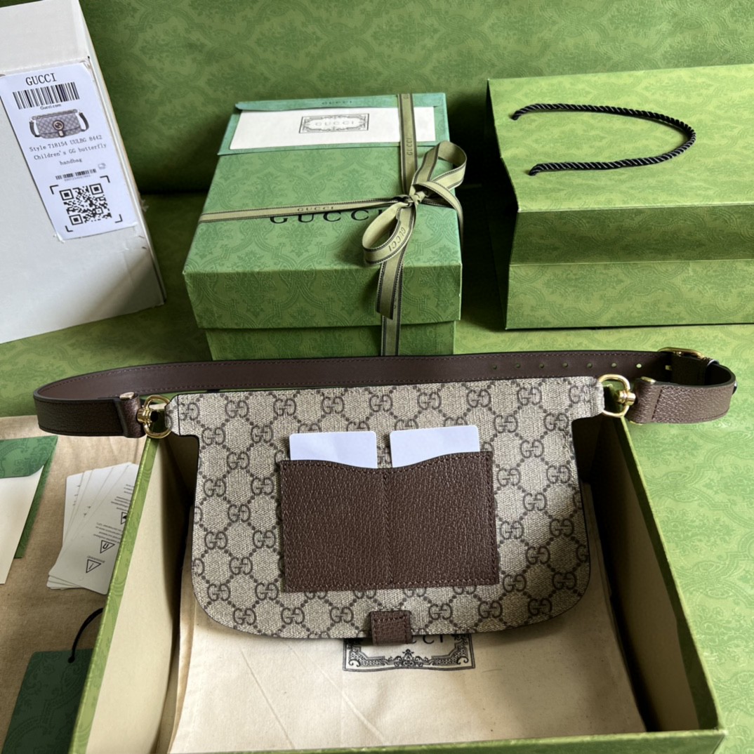 原厂皮 GUCCI 古驰 Blondie 复古老花满印金色Logo饰面帆布拼皮革 腰包 斜挎包 单肩包 棕色 718154-UULBG-8442