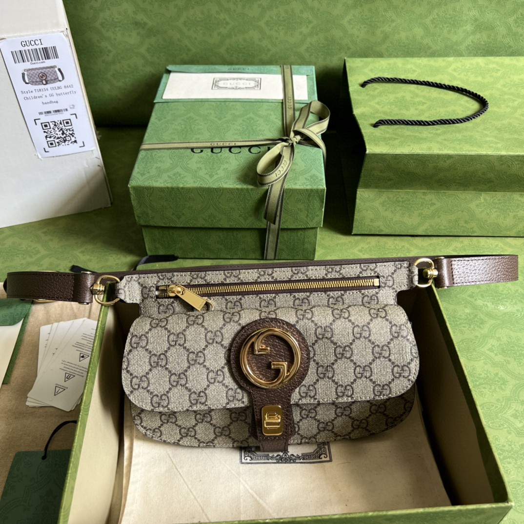 原厂皮 GUCCI 古驰 Blondie 复古老花满印金色Logo饰面帆布拼皮革 腰包 斜挎包 单肩包 棕色 718154-UULBG-8442