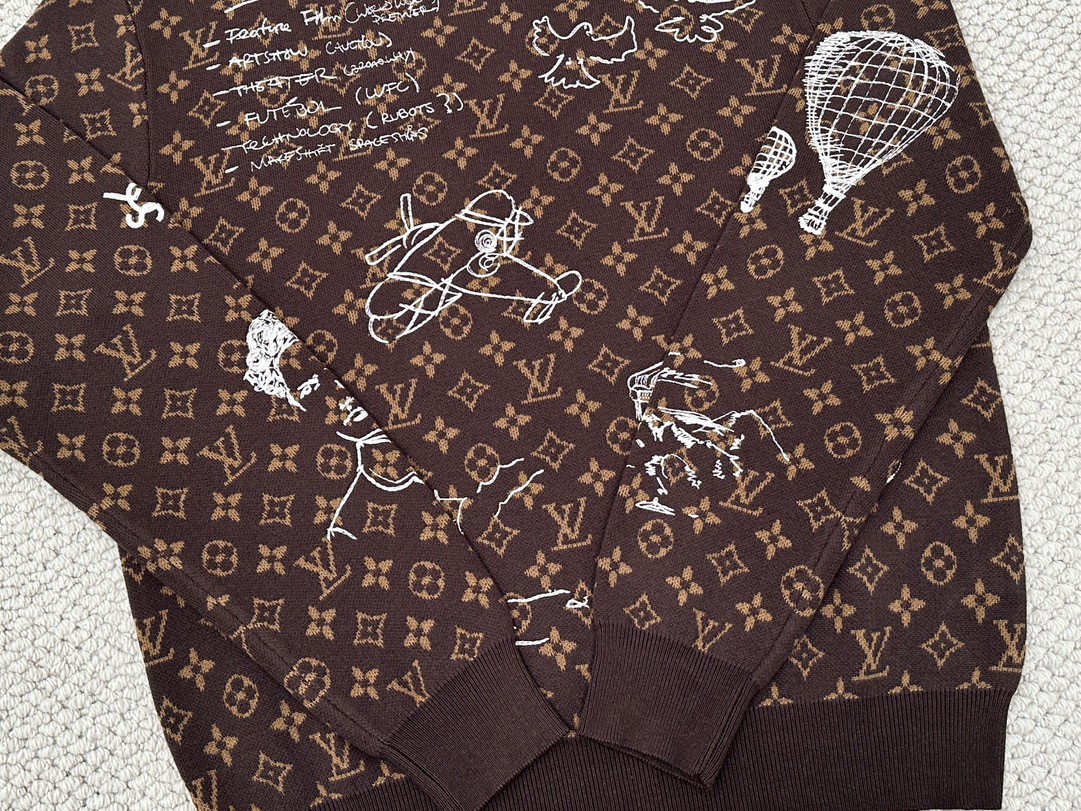 LOUIS VUITTON 路易威登 FW23 Logo字母涂鸦满印圆领休闲 针织衫 长袖 套头 男款 棕色 1ABXYW