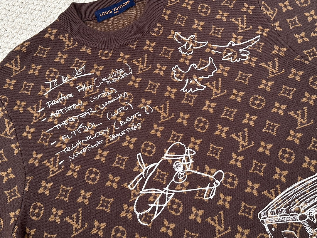 LOUIS VUITTON 路易威登 FW23 Logo字母涂鸦满印圆领休闲 针织衫 长袖 套头 男款 棕色 1ABXYW